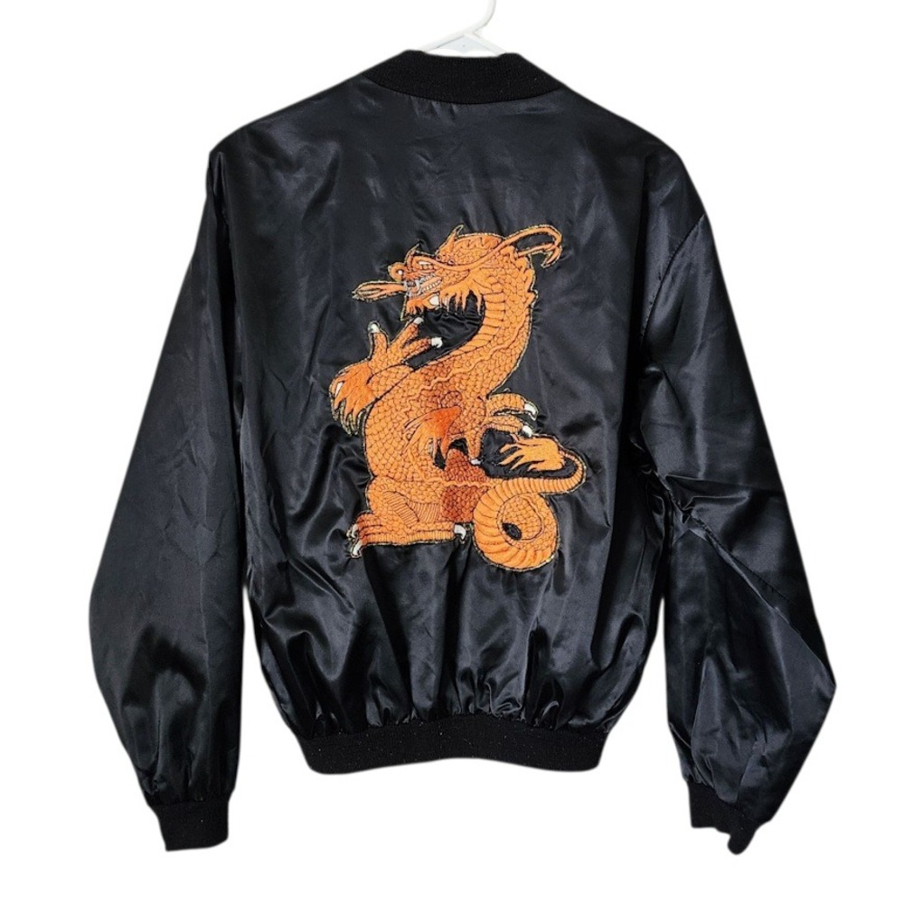 VINTAGE Black Satin Style‎ Bomber Jacket Dragon Patch Asian Style Souvenir